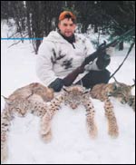 Metsmies Koit Maarand ja kolme ilvest, jotka hn ampui Vahastulla Raplamaalla viime vuoden helmikuussa.