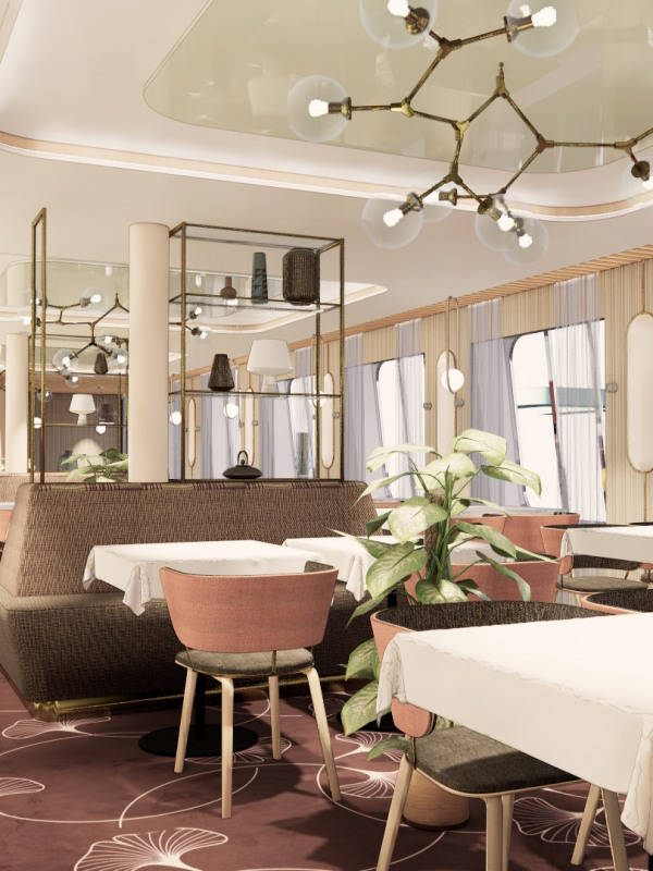 Havainnekuva Raumalla rakennettavan Tallinkin MyStar-aluksen ravintolasta.