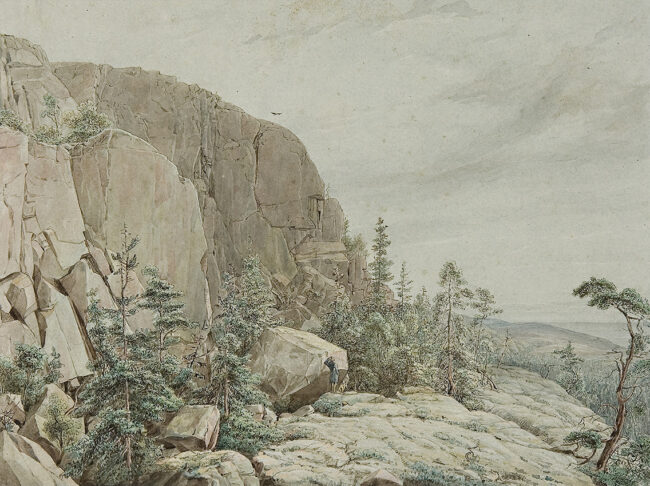August Matthias Hagen. Porfyyriseinämä Suursaaren majakan luona. 1835. Seepia, akvarelli, guassi. Tarton yliopiston kirjasto